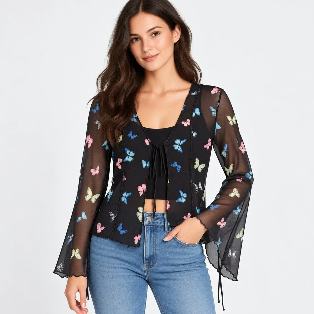 Elodie Butterfly Mesh Cardigan Women Large Black Tie Front Split Bell Sleeve Y2K